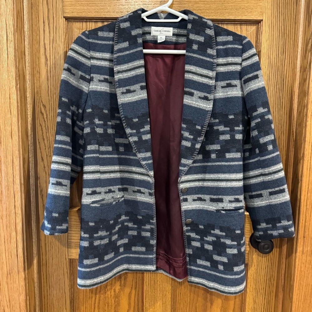 90s Casual Corner Blue Gray Southwestern Wool Blend Lined Blanket Jacket.Size 10